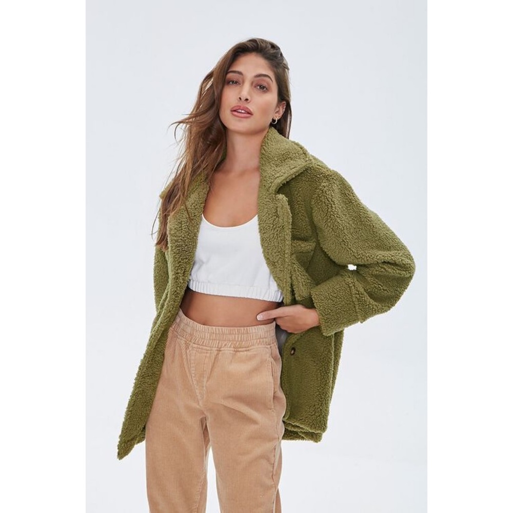 Forever 21 Olive Green Fuzzy Sherpa Coat Size Large